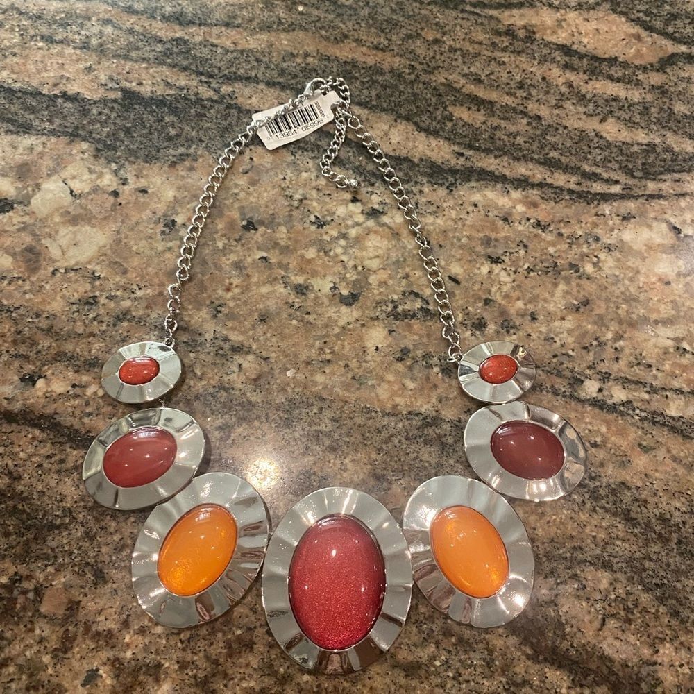 Boho style large pendant chunky necklace orange red silver